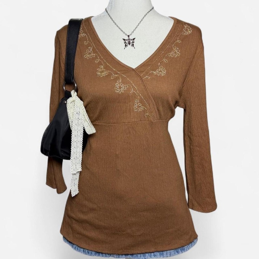 Reference Point Vintage Boho Embroidered Brown Cottagecore Tie-Back Tunic Top M